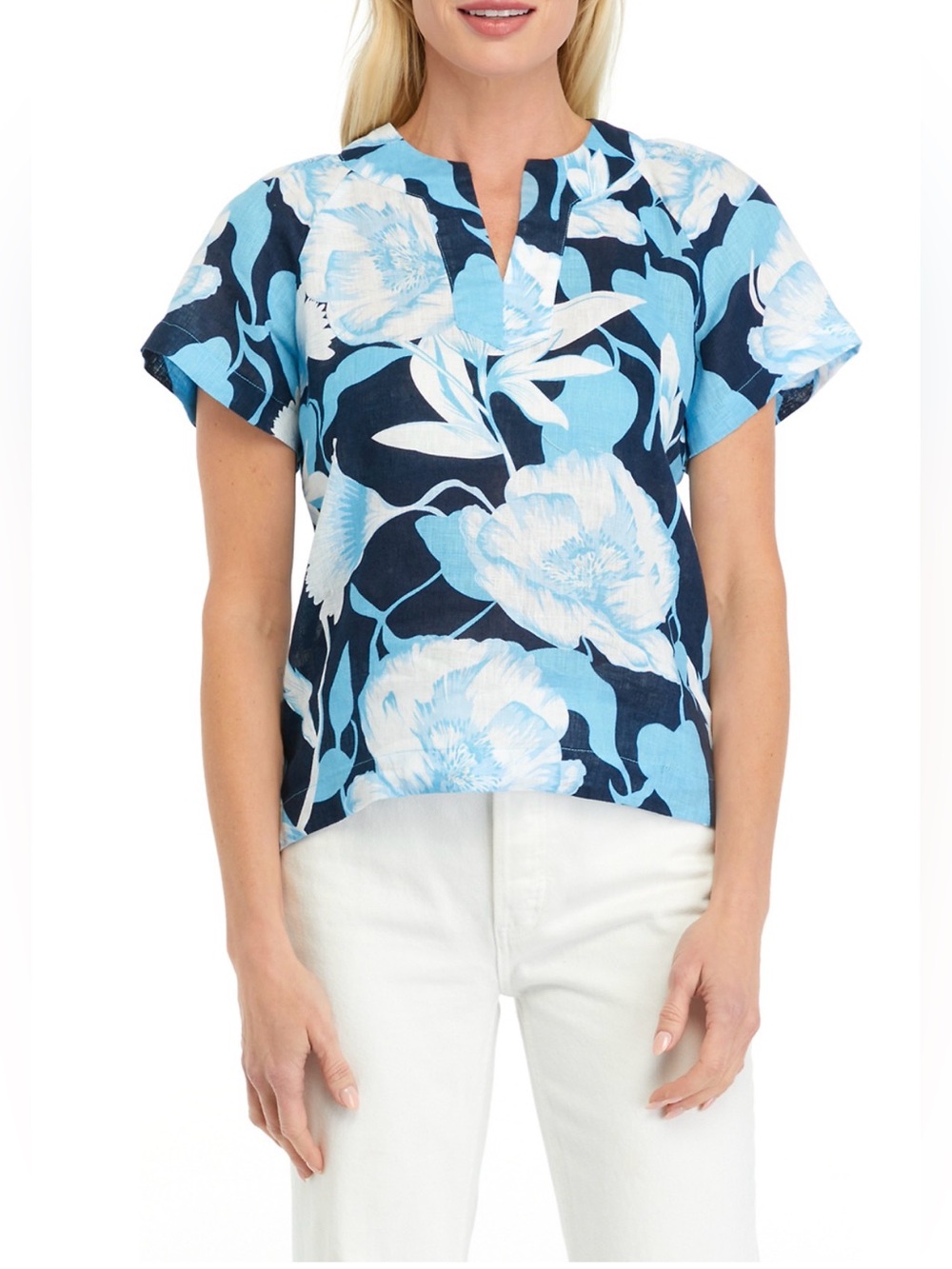 NWT Elie Tahari Women's Printed Split collared linen Floral blue blouse.